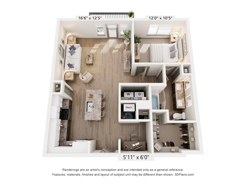 Floor plan for 1 bed, 1 bath, 888 sqft